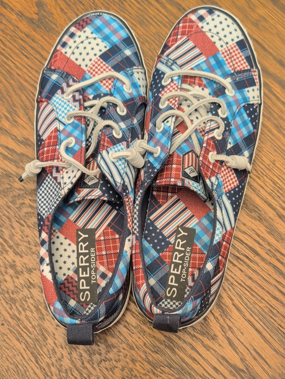 Sperry Ladies Patchwork Plaid Sneakers - Red, Blue, White